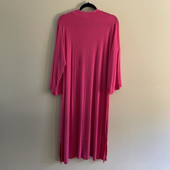 Freckled Poppy Women 2X Pink Ribbed Bell Sleeves Mock Neck Side Slits Midi Dress - Picture 9 of 9